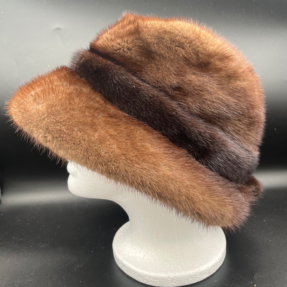 Jack Savidusky's Furquarters Vintage Mink Fur Hat Brown Striped Cloche‎ Bucket - Picture 4 of 8